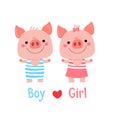 Vector Piggy Girl and Boy. Cartoon illustration for Christmas card, prints, calendar, sticker, invitation, baby shower