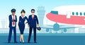 Vector of a pilot, capitan and steward standing on a airplane background
