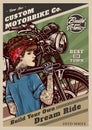 Vector of a PIN UP GIRL ON classic custom motorcycle RETRO POSTER STYLE Royalty Free Stock Photo