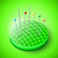 Vector pincushion and pins. Realistic vector illustration