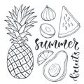 Vector pineapple and sliced fruits. Food illustration for print design, label and posters.