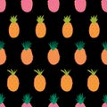 Vector Pineapples on black seamless repeating pattern. Modern colorful bright summer background. Tropical pineapples