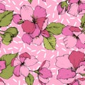 Vector Pink Apple blossom floral botanical flower. Engraved ink art. Seamless background pattern. Royalty Free Stock Photo