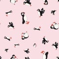 Vector pink background ocean seabird, arctic birds, puffins. Seamless pattern background Royalty Free Stock Photo