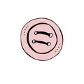 Vector pink button in flat doodle style. Hand drawn accessories, sewing element, icon, color clip art