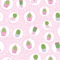 Vector Pink Cacti Tea Party Seamless Pattern