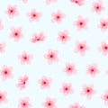 Vector pink cherry flowers over light sky blue seamless pattern Royalty Free Stock Photo