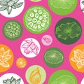 Vector pink colourful lotus tropical flowers and water lily pads seed pods in circles repeat pattern. Suitable for Royalty Free Stock Photo