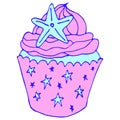 Vector pink cupcake illustration in nautical style with starfish. Hand drawing food doodle on white background. Line art for Royalty Free Stock Photo