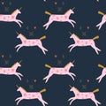 Vector pink cute boho little unicorns. Ornamental illustration. Cosmic pony seamless pattern. Girly nursery design.