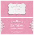 Vector Pink 3d Vintage Invitation Card With Floral Damask Pattern