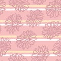 Vector pink daisies yellow stripes repeat pattern Royalty Free Stock Photo