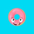 Vector Pink Donut on Light Blue Background, Donut Licking Icing on Donut, Comic Style.