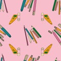 Vector Pink Felt Pens and colored pencils background pattern Royalty Free Stock Photo