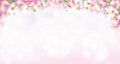 Vector pink, floral border, blossoming sakura tree, bokeh effect. Royalty Free Stock Photo