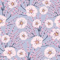 Vector Pink Flowers Blue Background Cherry Blossom Meadows Seamless Pattern Royalty Free Stock Photo