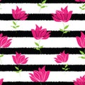 Vector pink green wild tropical flowers on artistic black white stripes modern seamless pattern design Royalty Free Stock Photo