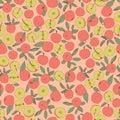 Vector pink green yellow apple tossed seamless repeat pattern