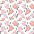 Vector Pink Grey Vintage Magnolia Flowers Fabric Retro Repeating Seamless Pattern Hand Drawn In Botanical Style. Perfect Royalty Free Stock Photo