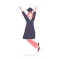 Vector Pink hair female graduate student jumping in air, raised arms up, demonstrate degree diploma. Trendy modern Royalty Free Stock Photo