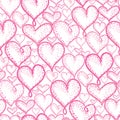 Vector pink hearts seamless repeat pattern background design. Great for romantic Valentine Day cards, wrapping paper