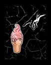 Vector pink ice cream waffle cone with Hand of God and cracks.Fresco.Like Michelangelo`s drawing of Adam`s Creation.