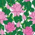 Vector pink lotus flower with green petals seamless pattern background on white surface Royalty Free Stock Photo