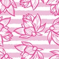 Vector pink lotus flower outlines monochrome repeat pattern 08 with stripes. Suitable for textile, gift wrap and