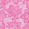 Vector pink lotus flower outlines monochrome repeat pattern 07. Suitable for textile, gift wrap and wallpaper.