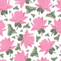 Vector pink lotus flower with petal seamless pattern background on white surface Royalty Free Stock Photo