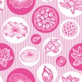 Vector pink monochrome lotus tropical flowers and water lily pads seed pods in circles repeat pattern with stripes Royalty Free Stock Photo