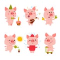 Vector Pink Piggy Cartoon illustration for Christmas card, prints, calendar, sticker, invitation, baby shower, children