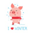 Vector Pink Piggy in winter clothes skiing. Cartoon illustration for cards