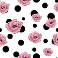 Vector pink poppy flowers and black dots. Art floral seamless pattern. Hand drawn retro texture for design, textile, wallpaper, Royalty Free Stock Photo