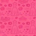 Vector Pink Princess seamless pattern style. Hand drawing dress with diadem, inscription, rose kiss and shoe. Girly surface design