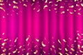 Vector pink purple Curtain gold Confetti Greeting Card, background with Free Space. Luxury, Glamour Design with Shine Sparkles Royalty Free Stock Photo