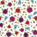 Vector Pink, Red, Purple Roses with Blue Birds, Gold Bugs and Snails on White Background Seamless Repeat Pattern Royalty Free Stock Photo