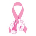 Vector pink ribbon with fighting boxing gloves isolated on white background. Design with gloves and ribbon.