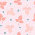 Vector pink rose leaves and blue star on white background seamless repeat pattern.