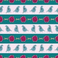 Vector Pink Roses with Green Leaves and Blue Birds on Green and Pink Stripes Seamless Repeat Pattern. Background for Royalty Free Stock Photo