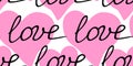 Vector pink seamless pattern with pink hearts and inscriptions - love. Romantic background texture Royalty Free Stock Photo