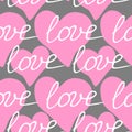 Vector pink seamless pattern with pink hearts and inscriptions - love. Romantic background texture Royalty Free Stock Photo