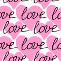 Vector pink seamless pattern with pink hearts and inscriptions - love. Romantic texture Royalty Free Stock Photo