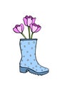 Vector pink spring tulips flowers in blue rubber rain boot. Cute seasonal spring floral illustration. Shoes as vase Royalty Free Stock Photo