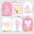 Vector pink sticker set It`s a girl. Calligraphy lettering Baby shower. element for invitation design.