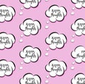 Vector pink vector though clouds. Woman bubble talk sign. Comic cartoon happy message. Positive vibes decoration