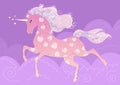 Vector Pink Unicorn in the apples on the background of purple clouds