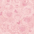 Vector pink vintage seamless pattern background with teapots teacups butterflies cakes and doilies backdrop. Royalty Free Stock Photo