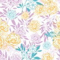 Vector pink, yellow, blue leaves and flowers summer seamless pattern with pastel plants and leaves on white background Royalty Free Stock Photo