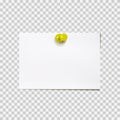 Vector Pinned Paper, Yellow Pin Button, Realistic 3D White Paper Sheet Hanging on a Wall, Isolated Colorful Illustration Royalty Free Stock Photo